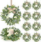 8 Pcs Small Eucalyptus Wreaths Spring Summer Artificial Green Wreath with White Berries Mini Green Kitchen Cabinet Wreaths with Ribbon for Front Door Porch Wall Window Farmhouse Decoration