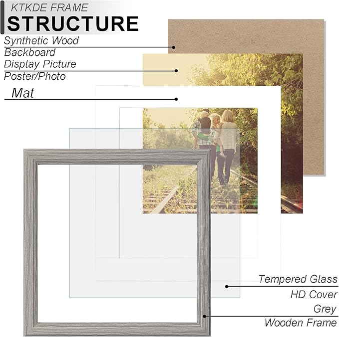 KTKDE 10x10 Picture Frame, Display 8x8 With Mat or 10x10 Without, Tempered Glass Wooden Square Photo Frame for Gray Frame, Wall Gallery Poster Frame best gift