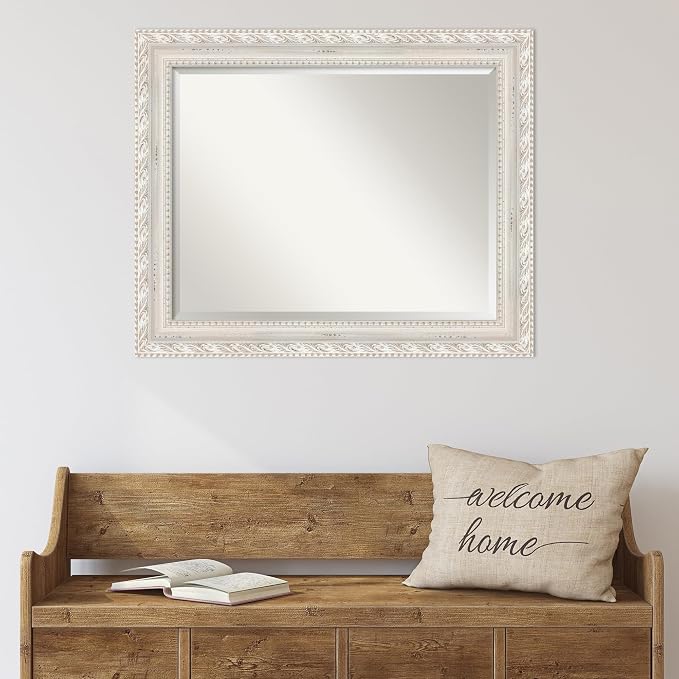 Amanti Art White Wall Mirror 28x34 Opera Off White Rectangle Bathroom Mirror for Wall Decor Living Room, Large Traditional Wood Frame, Hangs Horizonally and Vertically, Bathroom Decor, Beveled Edge
