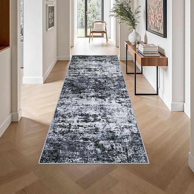 Washable Area Rug 3x8 Entryway Rug: Washable Modern Abstract Soft Thin Rug Indoor Floor No Slip Stain Resistant Carpet for Bedroom Dining Room Farmhouse Nursery Home Office - Black