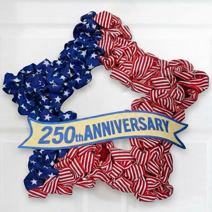 4th of July Wreath Patriotic Decorations for Front Door - 19 inch Memorial Day 250th Anniversary USA Fourth of July Burlap Star Wreath, Red White and Blue Hanging for Independence Day 2026 Decor