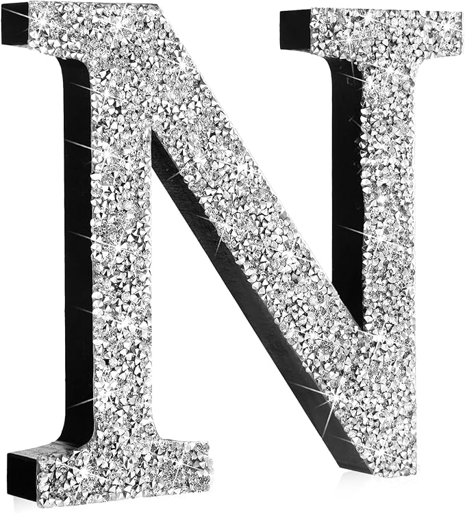 Qunclay 5.7" Silver Crystal Diamond Bling Letters Crushed Diamond Decoration Wooden Glitter Letter with Screw and Hooks Rhinestone Gift for Wedding Y2k Mcbling Bedroom Wall Decor (Letter N)