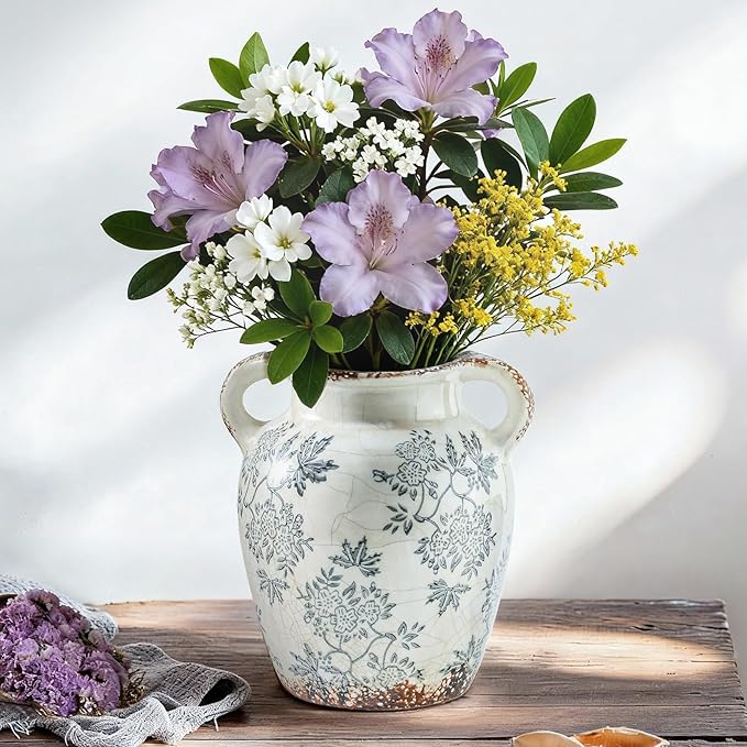 Enra Vintage vase with Handle,Blue and White Ceramic Decorative Flower vase, Chinoiserie Floral Vase,Large Rustic Vases for Home Decors, Living Room, Bookshelf, Office,7.8 in