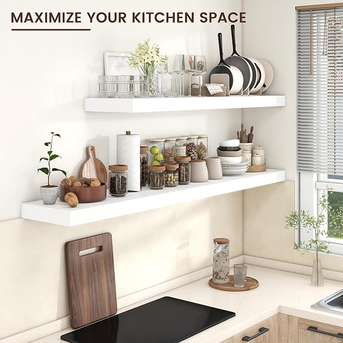 Venusmiles Floating Shelves for Wall, 55 Inch Wide x 12 Inch Deep Floating Shelves, Long Wood Floating Wall Shelf Shelves for Living Room Bathroom Bedroom Kitchen Home - (White, 55" W x 12" D x 2" H)