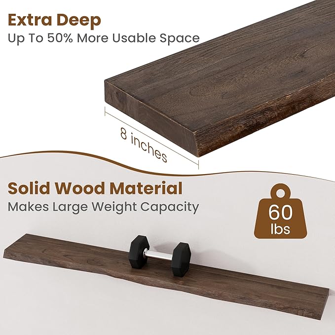 FLYJOE Floating Shelves for Wall Decor, Rustic Solid Elm Wood Live Edge Floating Shelves Wall Mounted, Wall Shelves with Invisible Bracket for Living Room Bathroom Bedroom Kitchen, 55 Inch, Walnut