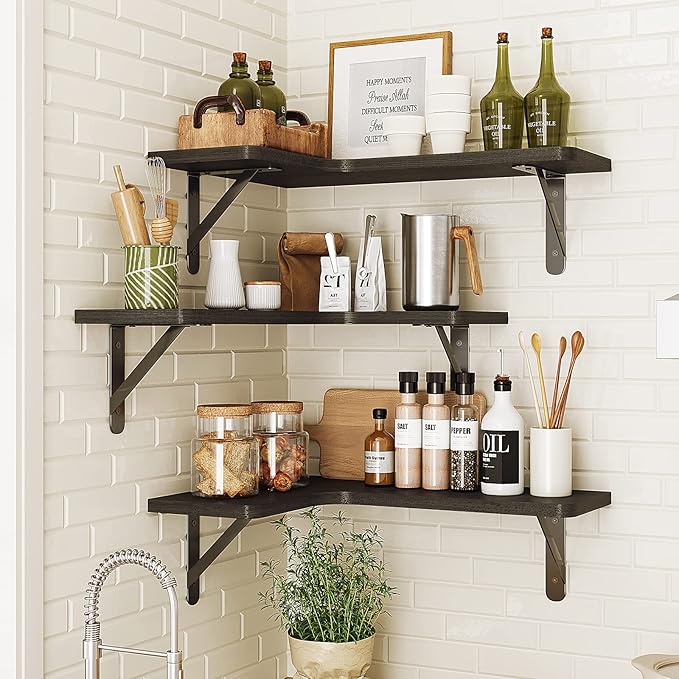 Fixwal Corner Shelves Wall Mounted Set of 5, Floating Shelves for Wall Bathroom, Kitchen, Bedroom, Home Decor, Laundry Room, Living Room (Black)