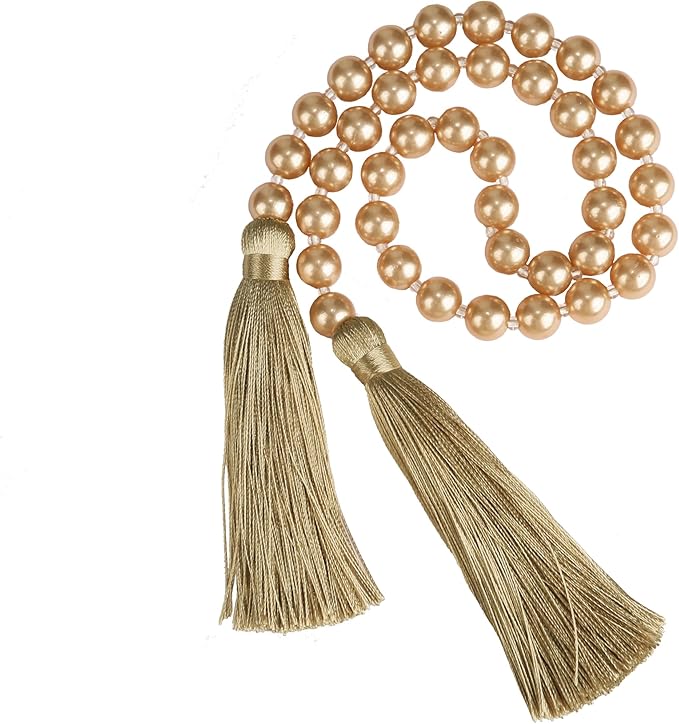 34 Inch Pearl Glass Bead Garland with Tassels - Elegant Boho Table Decor, Fringe Wall Hanging for Wedding, Party, Farmhouse Rustic Prayer Bead Home Decoration(2 Pack,Gold)