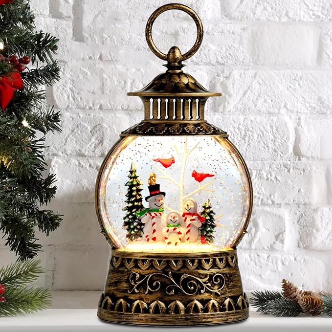 Christmas Snowman Snow Globe, Cardinal Musical Snow Globe Lantern Lights with 6H Timer Battery & USB Powered, Retro Style Holiday Glitter Globe for Xmas Home Decoration Holiday Party Gifts