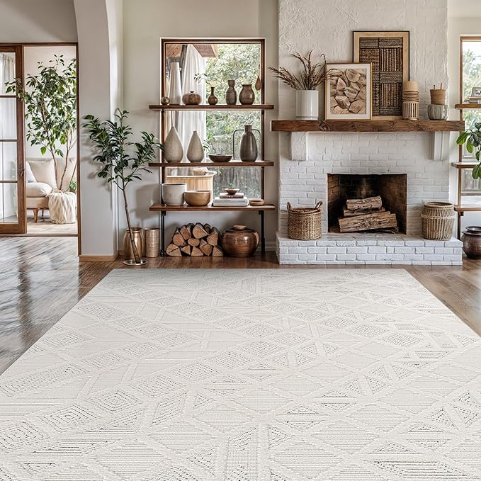 Modern Micro Loop Indoor Area Rugs for Living Room Bedroom Kitchen Geometric Square White 9x12 Luxury Durable Low and High Pile Non-Shedding Stain Resistant Soft Area Carpet 9 x 12