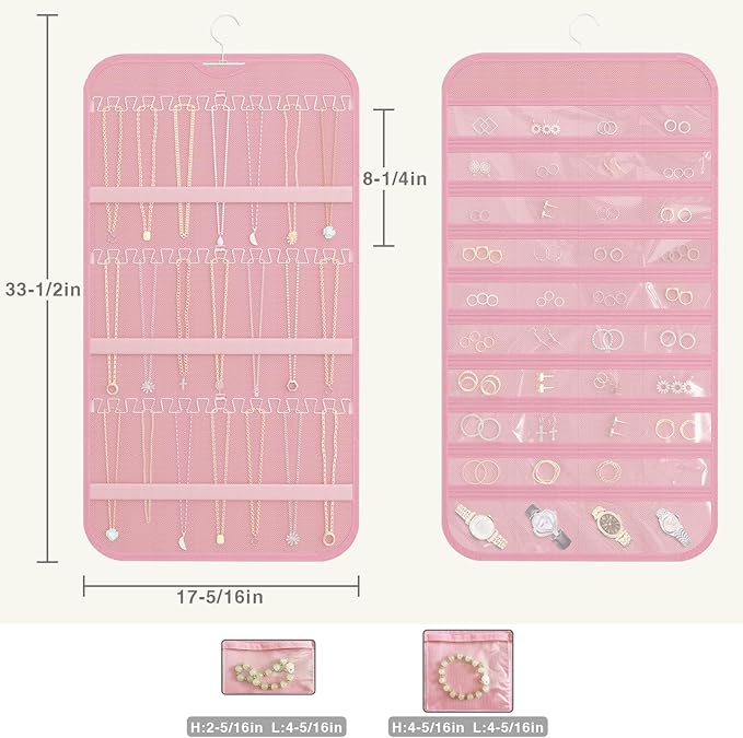 Hanging Jewelry Organizer Storage, 40 Pockets 36 Hooks Necklace Earring Necklace Bracelet Ring Organizer, Double - Sided Design, Pink