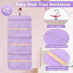 Dynoro Double-Sided Hanging Jewelry Organizer, Lavender Storage Roll for Earrings, Necklaces, Rings, 48 Pockets 21 Hooks, Durable Oxford Fabric for Closet, Wall, Door, 1 piece, Jewelry Not Included
