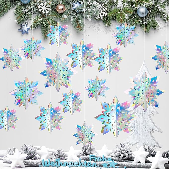 12Pcs Winter Snowflake Ornaments - 3D Large Iridescent Hanging Snowflakes Decorations, Paper Snowflake Garland with 3 Size for Winter Wonderland Frozen Christmas Party Decorations Holiday Home Indoor