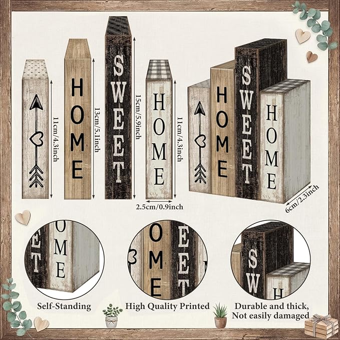 Lineshading 4 Pcs Farmhouse Table Decor Wooden Books Home Sweet Home Tiered Tray Decor Rustic Wood Block Sign Housewarming Gifts Neutral Centerpiece Farmhouse Stacked Decoration for Shelf Mantle