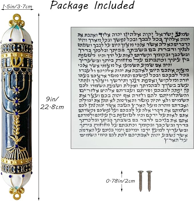 9 Inches Mezuzah, Exquisite Black and Gold Enamel Mezuzah with Blue Crystal Accent
