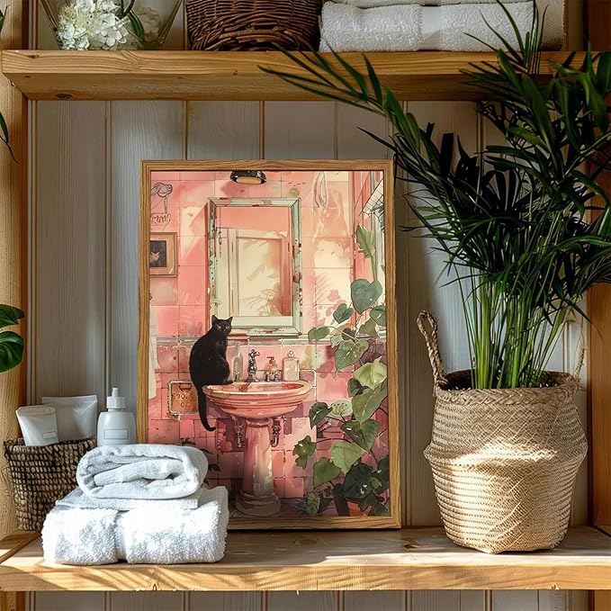 Framed Funny Bathroom Black Cat Wall Art, Vintage Cute Cat on Sink Pictures Wall Decor, Humor Animal Watercolor Paintings Canvas Prints for Restroom 12x16 inch