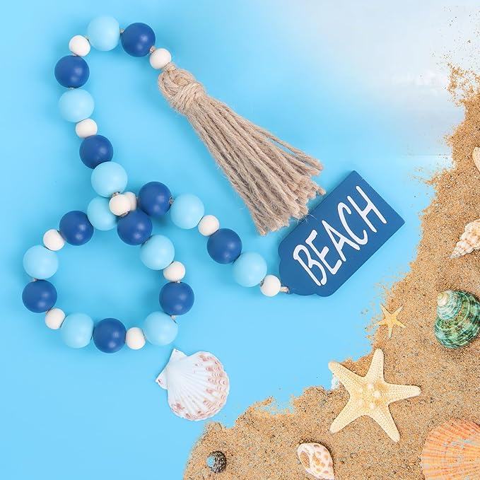 Meplait Wood Bead Garland, Coastal Tassel Garland with Beach Tag Boho Farmhouse Decor for Tiered Tray Table Centerpiece Wall Home Decoration