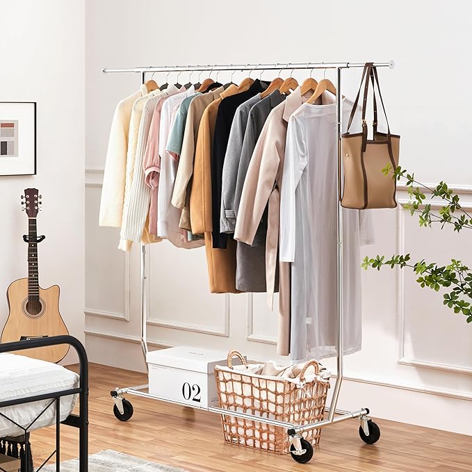 Yaheetech Rolling Clothes Rack, Clothing Racks for Hanging Clothes Portable Clothes Rack, Heavy Duty Clothes Rack with Extendable Hanging Rod,Chromed, Silver