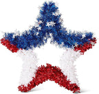 VeriNatural 4th of July Decorations - 19.5in Patriotic Red White and Blue Star Wreath - Independence Day Tinsel Wreath for Indoor Outdoor,Golf Cart, Party,Door and Wall Hanging Decor