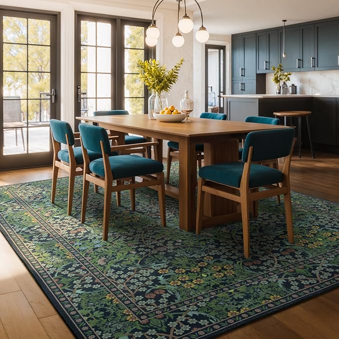 Lessymo Dining Room Rugs for Under Table, 6x9 Washable Forest Green Oriental Area Rug for Living Room, Non Slip Low Pile Carpet for Bedroom, Stain Resistance Vintage Floral Design Decor