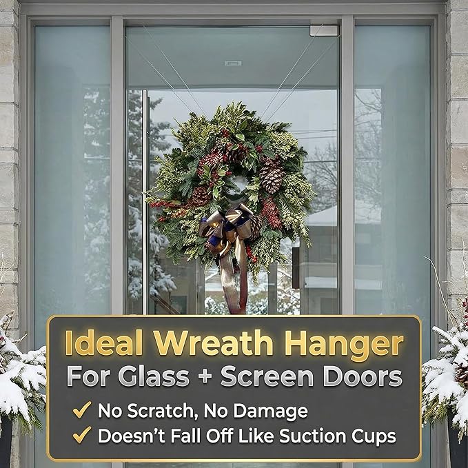 Zip 'n Hang Wreath Hanger for Front Door – Damage Free Adjustable Door Wreath Hanger for Glass, Screen & Standard Doors, Christmas Wreath & Decor Hook (White - 1 Pack)