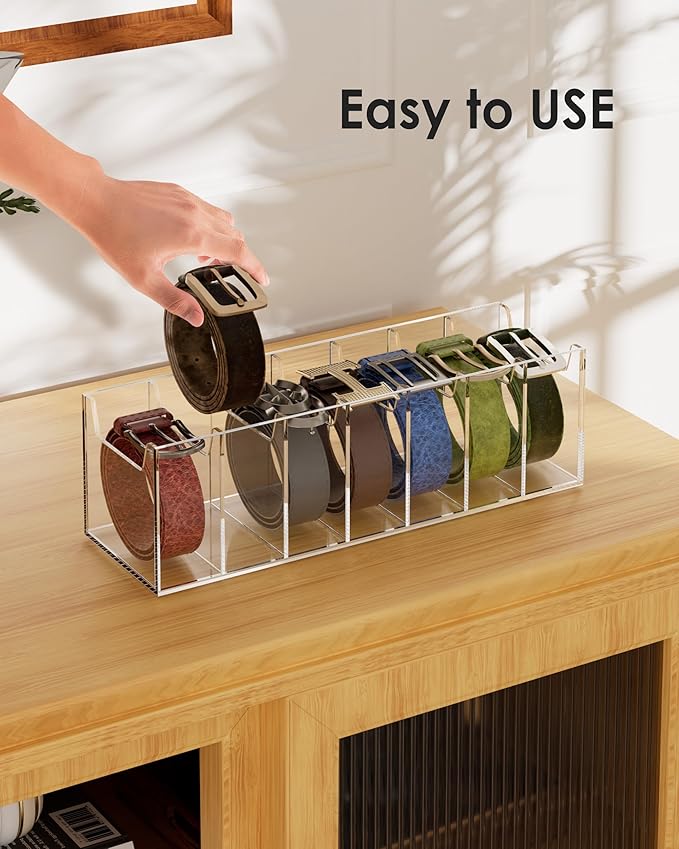 MaxGear Belt Organizer, Acrylic 7 Compartment Belt Storage Rack for Closet, Clear Display Case for Belts, Ties, and Bow Ties