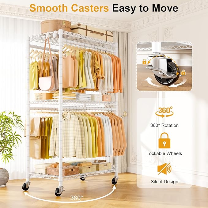 P5 Rolling Clothes Rack Heavy Duty, Clothing Racks for Hanging Clothes, Metal Garment Rack with Wheels, 3-Tier Portable Closet Rack 39.4'' W × 20.5'' D × 80.5'' H, Max Load 650 Lbs, White