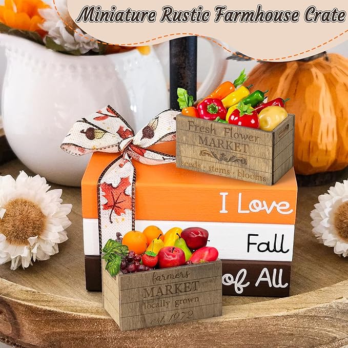 Miniature Vintage Rustic Farmhouse Crate - Retro Mini Farmhouse Tiered Tray Decor Wooden Milk Crate Fruit Flower Basket Decorative Box Miniature Garden Farm Accessories Home Decoration