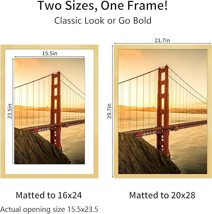 20x28 Picture Frame Gold Set of 3, Display Pictures 16x24 with Mat or 20 x 28 Without Mat, Poster Frames 20x28 for Wall Hanging Horizontal and Vertical