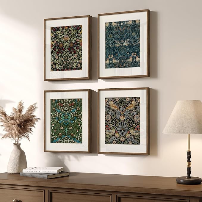 Framed William Morris Wall Art Set of 4, Vintage Botanical Floral Bird Prints, Retro Strawberry Thief Artwork for Living Room Bedroom Bathroom Office Dining Room, 12x16 Inch