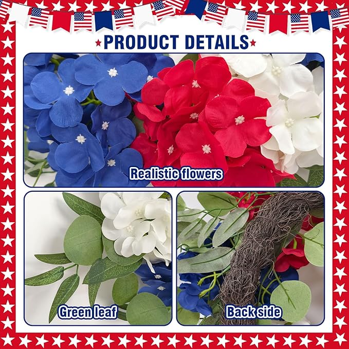 Patriotic Wreaths for Front Door 24 Inch 4th of July Wreath, Red White Blue Flower Wreaths, Perfect Memorial Day and Independence Day Decor