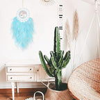 Dreamlike Cyan Blue Tree of Life Dream Catcher Wall Decor with Healing Crystal Stone Handmade Feather Dream Catchers Decoration Wall Hanging for Girls Bedroom Living Room Wedding Party Home Décor