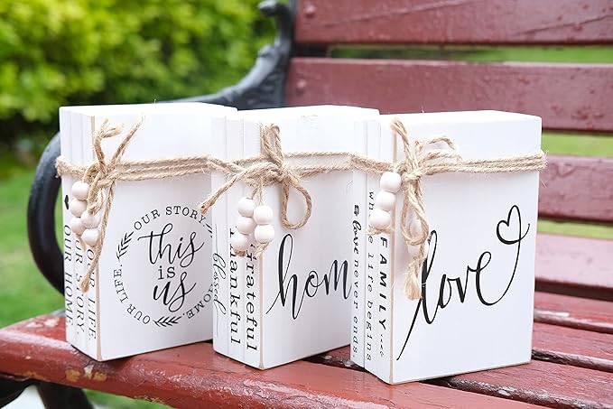 LIVDUCOT Wooden Farmhouse Decor Faux Book Stack (Set of 3 for Coffee Tables and Shelves) | Grateful, Thankful, Blessed Home Sign, 5.5' x 7' x 2.5'