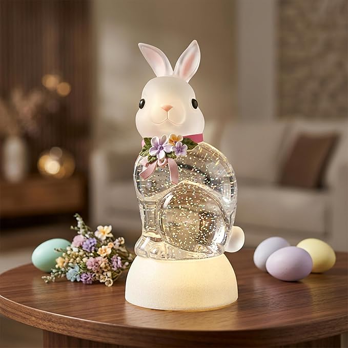 Spring Rabbit Snow Globe Lantern, Rabbit Snowglobe Decor with Swirling Glitter, 6H Timer, USB or Battery Powered, Bunny Decoration for Spring Party Easter Day Decor and Gift (Rabbit)