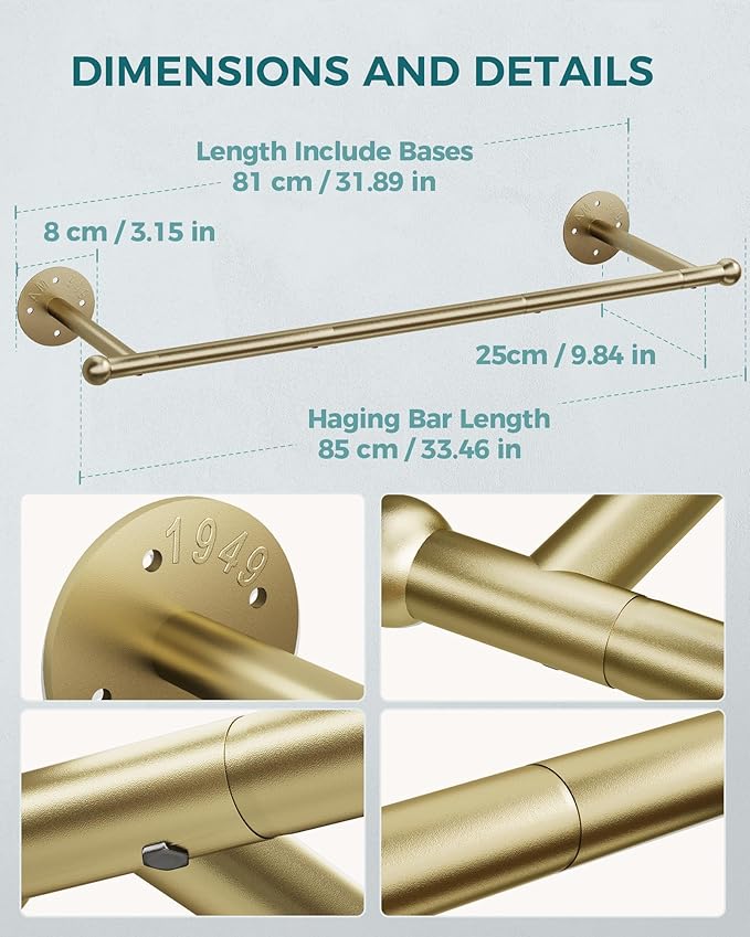 OROPY Industrial Pipe Clothing Rack Set of 2, Wall Mounted Clothes Rack, Closet Rods For Hanging Clothes, 33" Multi-purpose Hanging Rod for Laundry Room, Bedroom and Closet Storage, Gold