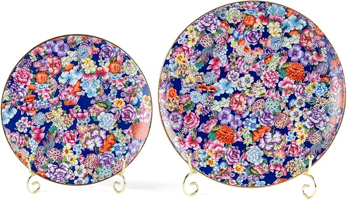 KAMMAK Decorative Plates Set for Display,Blue Ceramic Plate Decor with Stand，Handmade Vintage Flower Porcelain Ornament for Living Room, Kitchen, Office, Perfect Chinese Style Dish Gift (8in+10in)