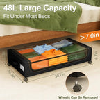 GoMaihe Under Bed Storage with Wheels: 48L Underbed Storage Containers with Clear Lids - Rolling Drawers & Bins for Shoes Clothes in Dorm Bedroom - Space-Saving Easy Pull-out Black 4-Pack