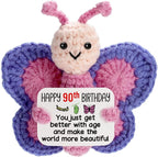 90th Birthday Gifts for Women, Tiny Crochet Butterfly Plush with Pink Purple Wings Holding Positive Note, Happy 90th Birthday Decoration & Gift for 80 Year Old Women