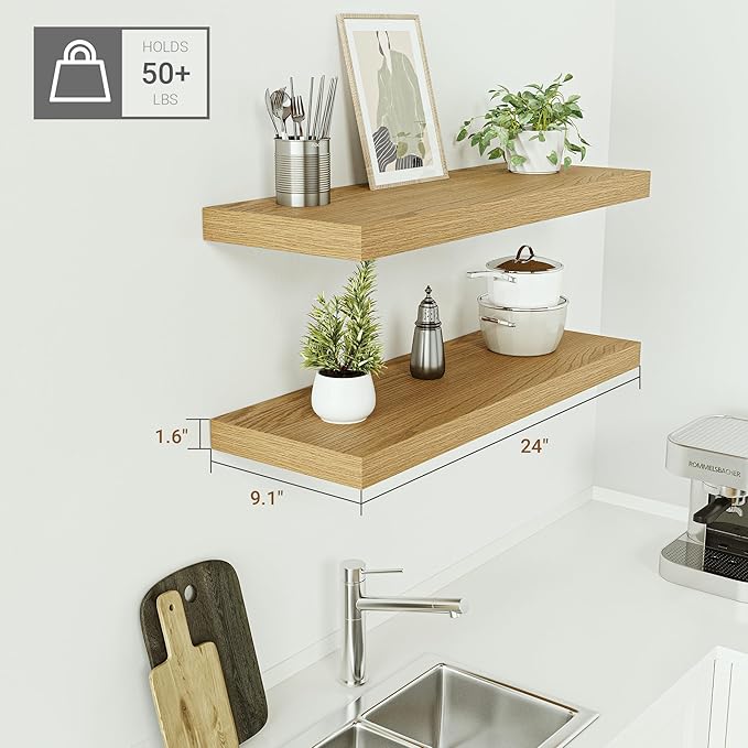 Vivelove Floating Shelves 24 inchs Long, Bathroom Shelves Over Toilet 9.1” Deep, Wall Mounted Wall Shelves for Bedroom, Living Room, Kitchen, Office, Rustic Home Decor, Oak, Set of 2