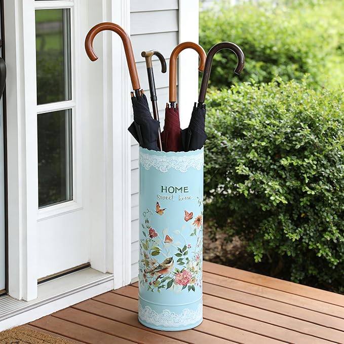 Vintage Metal Round Umbrella Holder Decorative Flower Design Umbrella Stands Entryway Organizer Bucket for Home/Office/Farmhouse - Holds Multiple Umbrellas, Walking Sticks & Canes Flower Blue
