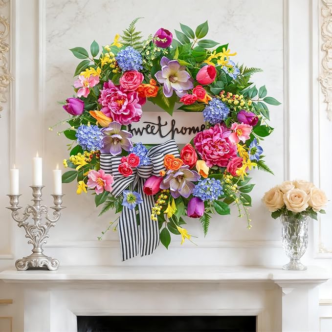 Pinkpuii Spring Wreaths for Front Door Outside– 24 Inch Spring Door Wreath with Pink Peonies, Roses,Blue Hydrangeas&Yellow Tulips,Colorful Welcome Summer Wreaths for Front Door Porch & Entryway Decor