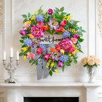 Pinkpuii Spring Wreaths for Front Door Outside– 24 Inch Spring Door Wreath with Pink Peonies, Roses,Blue Hydrangeas&Yellow Tulips,Colorful Welcome Summer Wreaths for Front Door Porch & Entryway Decor