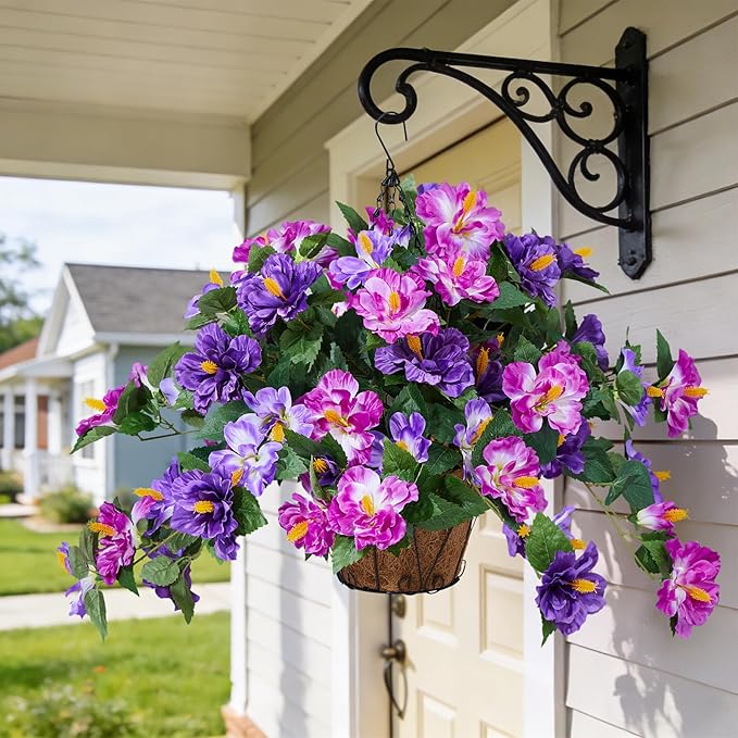 Artificial Flowers for Outdoors Indoors,3 Bunches Fake Hibiscus with Hanging Basket Realistic UV Resistant Silk Flower Leaves,Faux Plant for Outside Home Patio Garden Poch(Purple,Fuchsia)