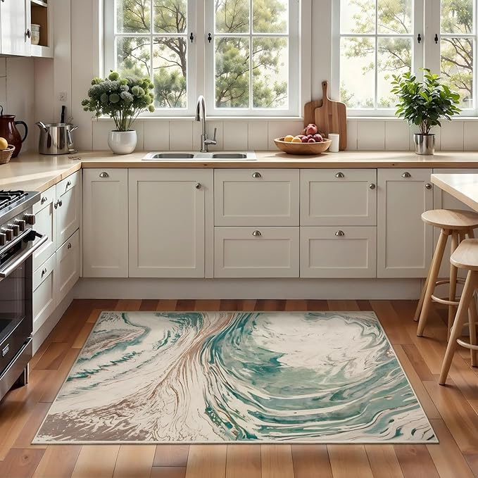 Ciicool Modern Abstract Area Rug 2x3 Washable Small Soft Entryway Rugs, Green Non-Slip Low Pile Throw Swirl Entry Rug, Foldable Kitchen Bathroom Rugs Floor Carpet for Entrance Bedroom Indoor Doormat