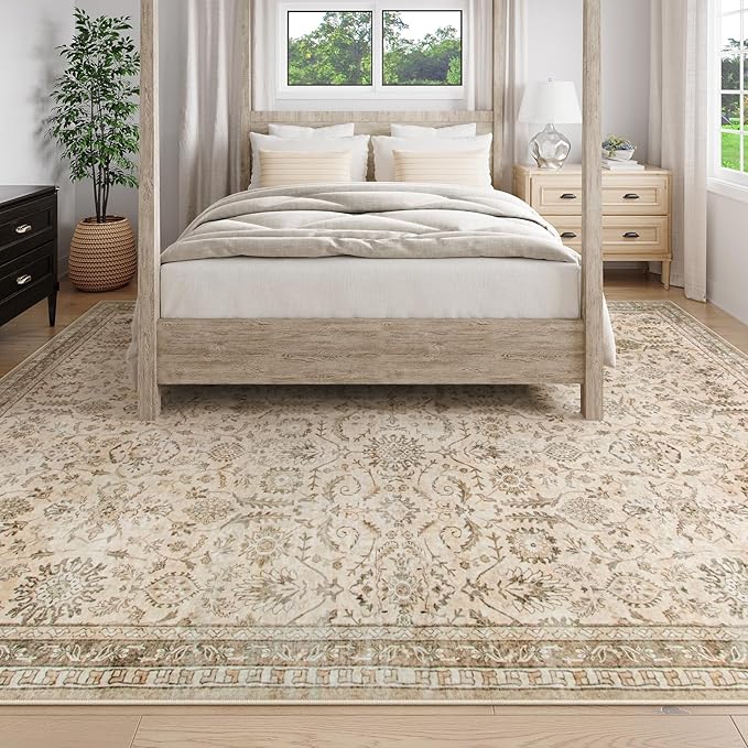 Lahome Boho Beige Fall Area Rug 8x10, Traditional Tan Floral Area Rugs for Bedroom, Machine Washable Living Room Mats, Soft Non-Slip Room Carpet for Office Apartment Nursery Decor, Soft Amber