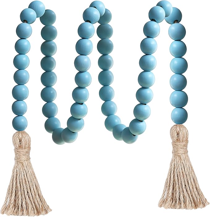 Meplait 39in Wood Bead Garland Farmhouse with Tassels,Versatile Prayer Beads Boho Chic Wall Hanging Home Decor (Blue)