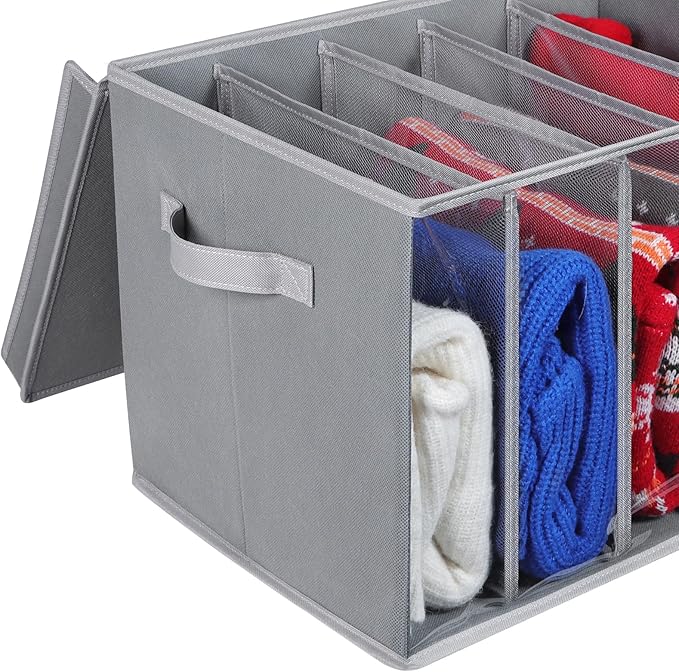 Zilink Upgraded Sweater Storage for Closet with Lids and Support Boards Large Sweater Organizer for Closet with 5 Grids Divider Wardrobe Clothes Organizer for Sweaters, Jeans, Pants, Grey, 3 Pack