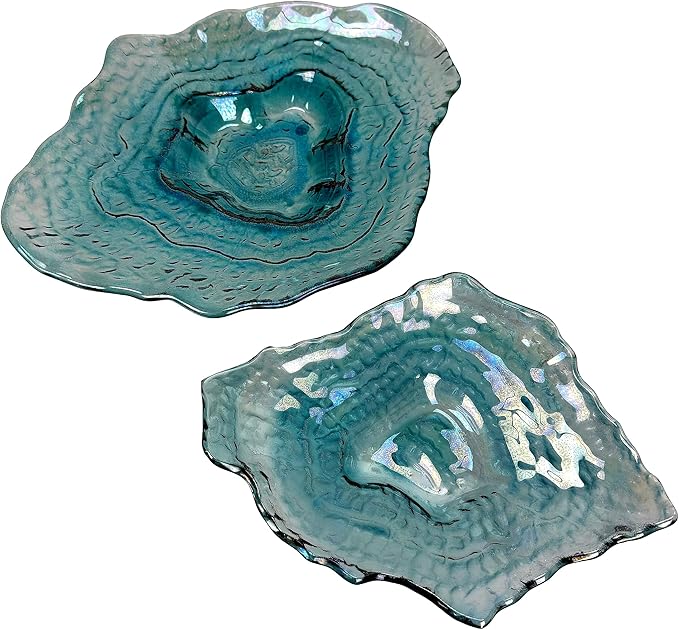 Things2Die4 Decorative Plates Set of 2 Oyster Shaped Blue Glass Plates with Iridescent Finish for Coastal Tabletop Decor in Dining Room Entryway or Living Room, 13 X 10 X 2 Inches