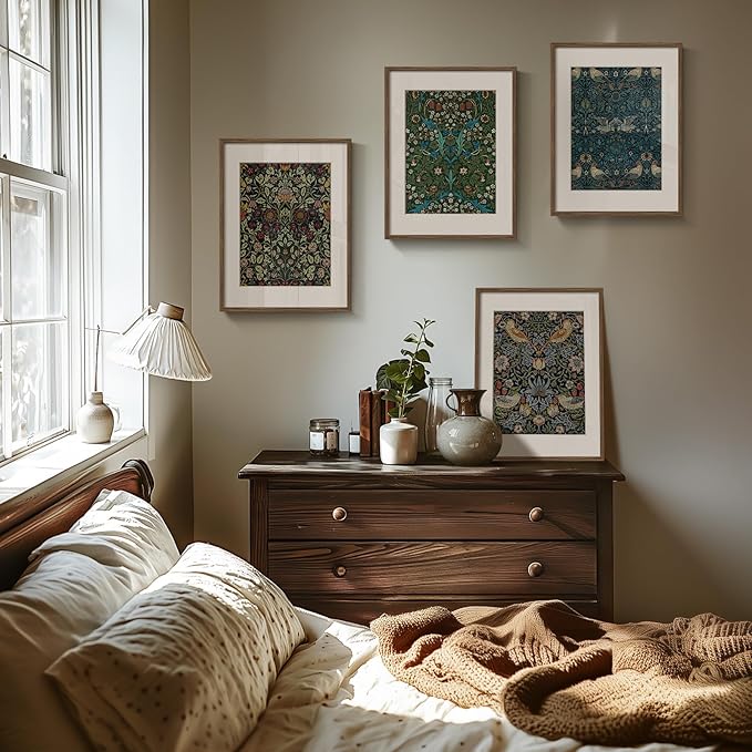 Framed William Morris Wall Art Set of 4, Vintage Botanical Floral Bird Prints, Retro Strawberry Thief Artwork for Living Room Bedroom Bathroom Office Dining Room, 12x16 Inch