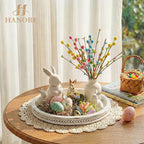 Hanobe Round Wooden Decorative Tray: White Washed Bead Tray Decor for Coffee Table Centerpiece Rustic Farmhouse Tray for Kitchen Counter Living Room Decoration