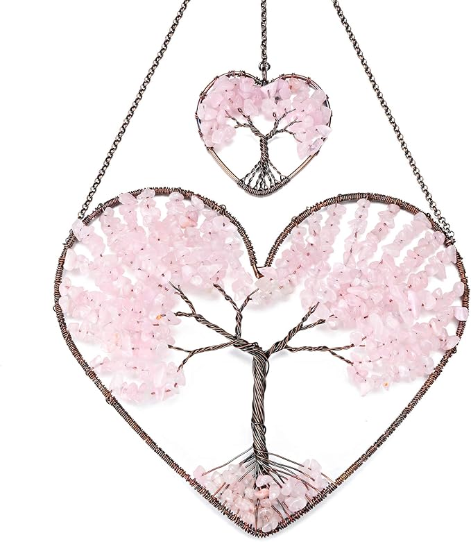 JOVIVI Tree of Life Feng Shui Crystal Heart Hanging Ornament Rose Quartz Gemstones Healing Stones Yoga Meditation Window Wall Hanger for Home Wedding Decor